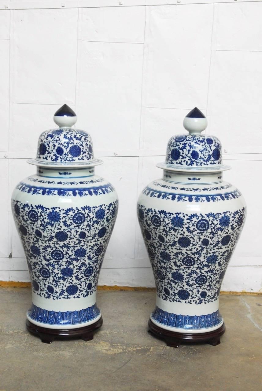 Ming Pair of Chinese Blue and White Porcelain Temple Ginger Jars