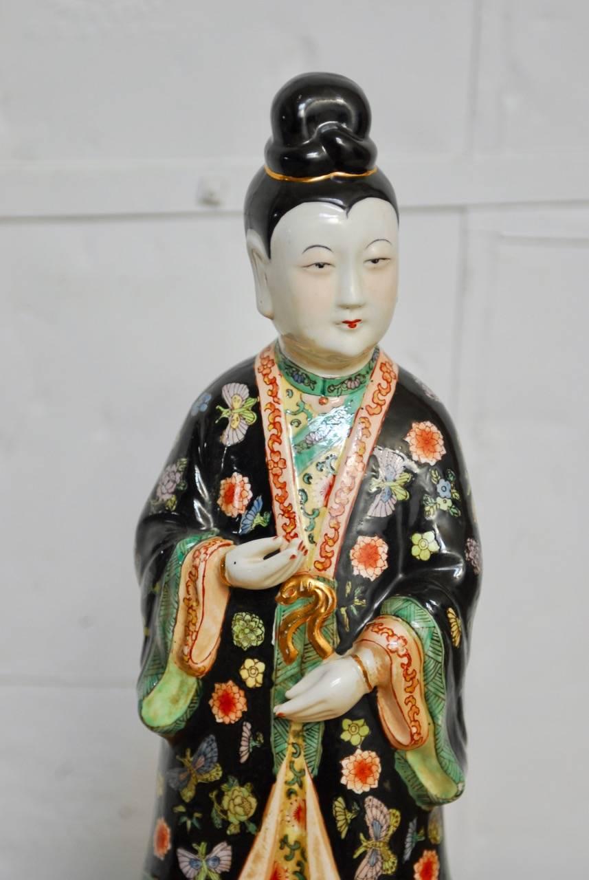 Hand-Crafted Chinese Famille Rose Enameled Porcelain Beauty Statue 
