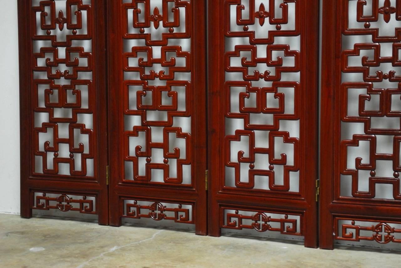 Ming Chinese Six-Panel Rosewood Carved Lattice Screen For Sale