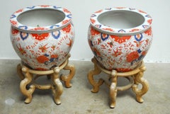 Pair of Chinese Porcelain Fish Bowls on Stands for Gumps
