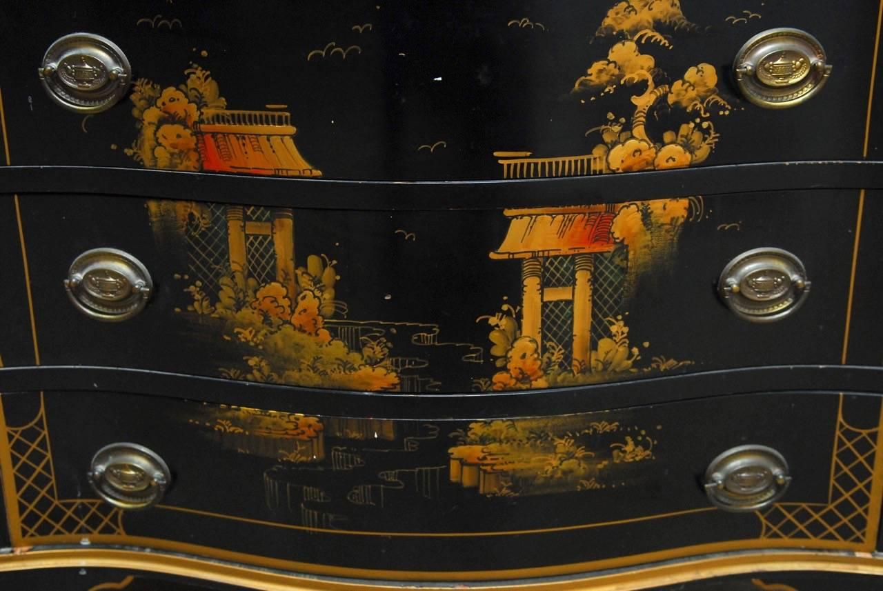 Brass Midcentury Black Lacquer Chinoiserie Decorated Chest