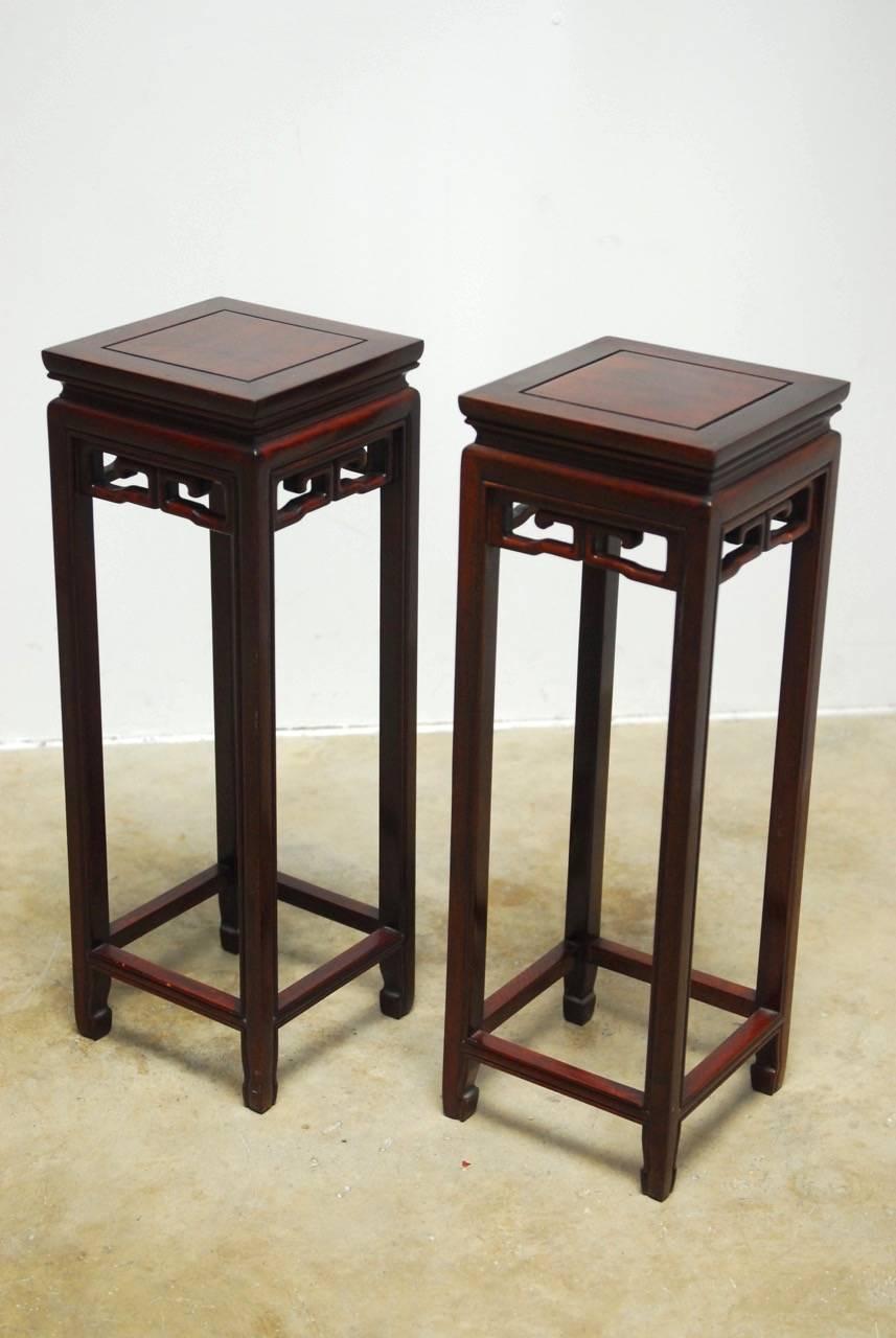 Ming Pair of Chinese Rosewood Carved Plant Stand Pedestals 