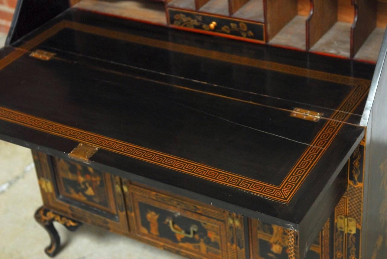 Brass 18th Century English Chinoiserie Lacquered Secretary Cabinet