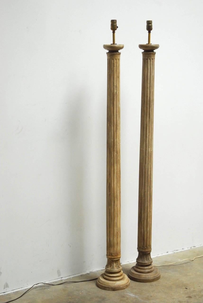Pair of Neoclassical Carved Wood Column Floor Lamps 1