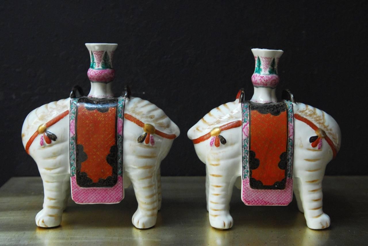 Hollywood Regency Set of Four Porcelain Elephant Candleholders by Mottahedeh