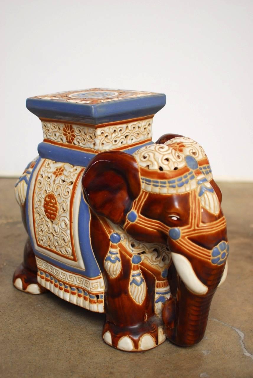 Hand-Painted Pair of Ceramic Elephant Garden Stools or Drink Tables