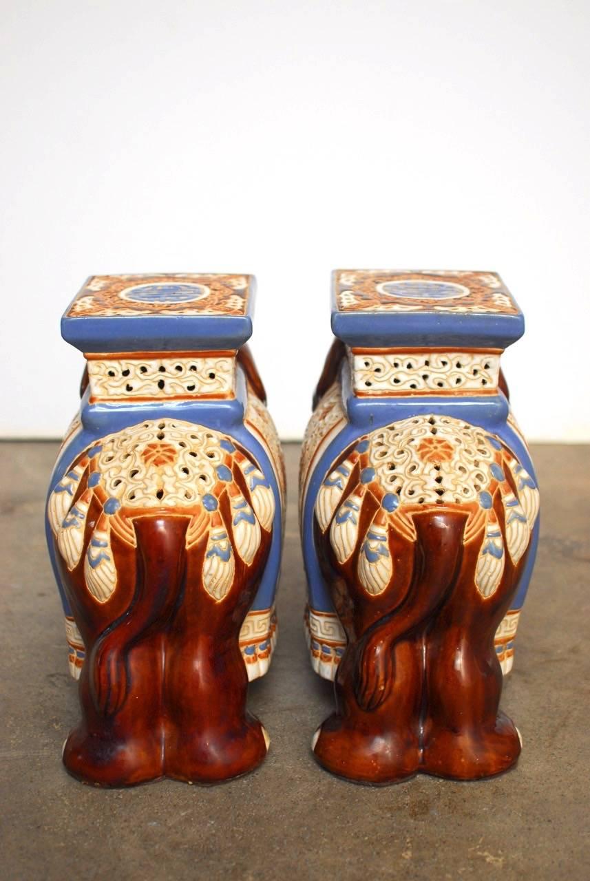 Pair of Ceramic Elephant Garden Stools or Drink Tables 1