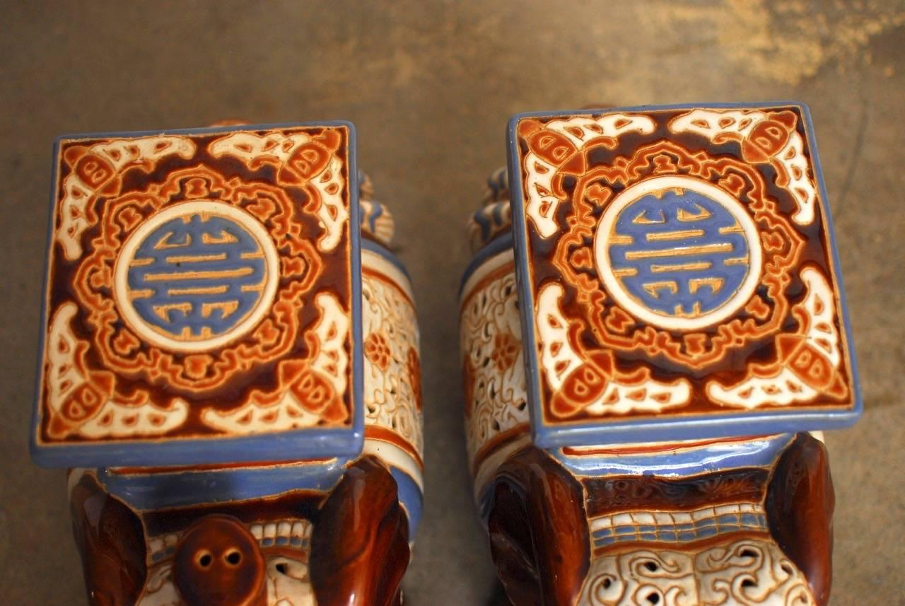 Chinese Pair of Ceramic Elephant Garden Stools or Drink Tables