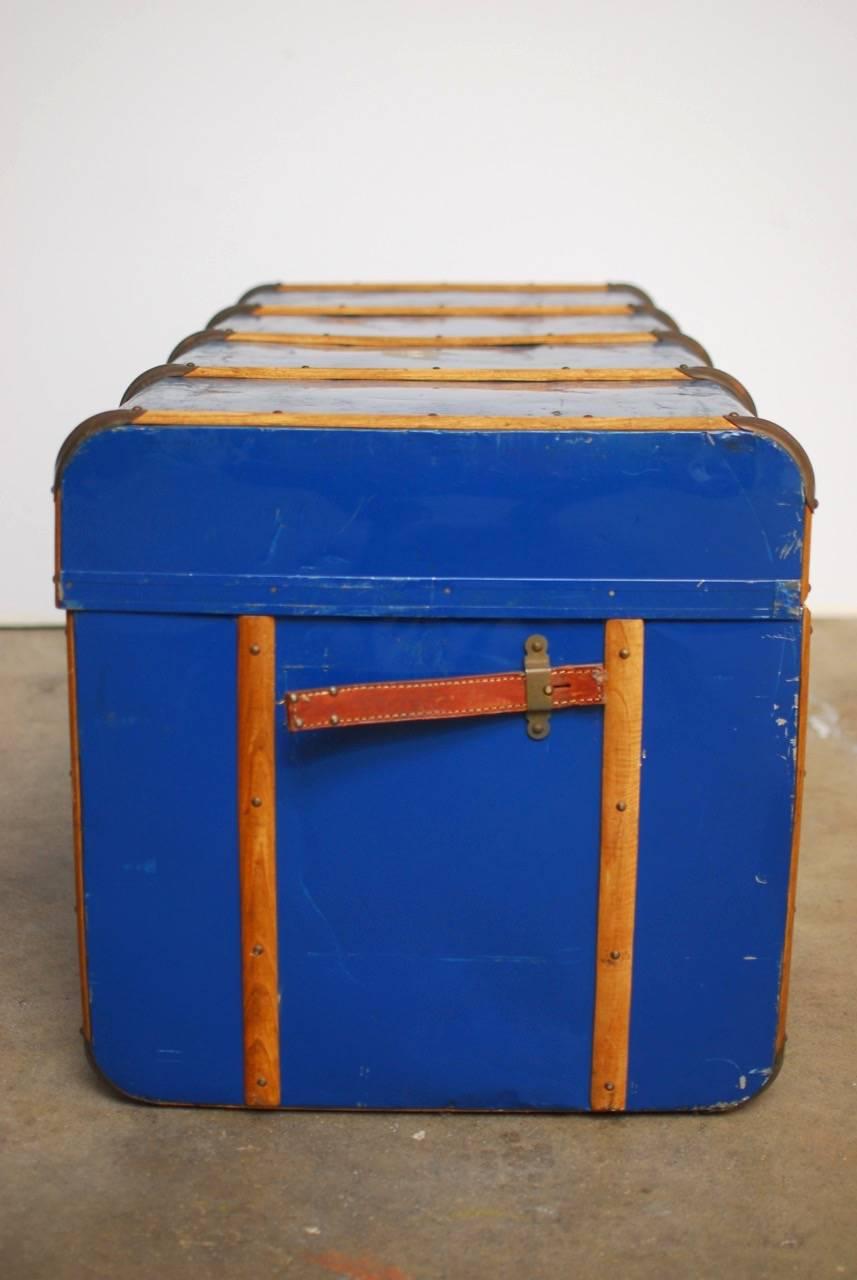French Blue Traveling Trunk with Wood Strapping  1