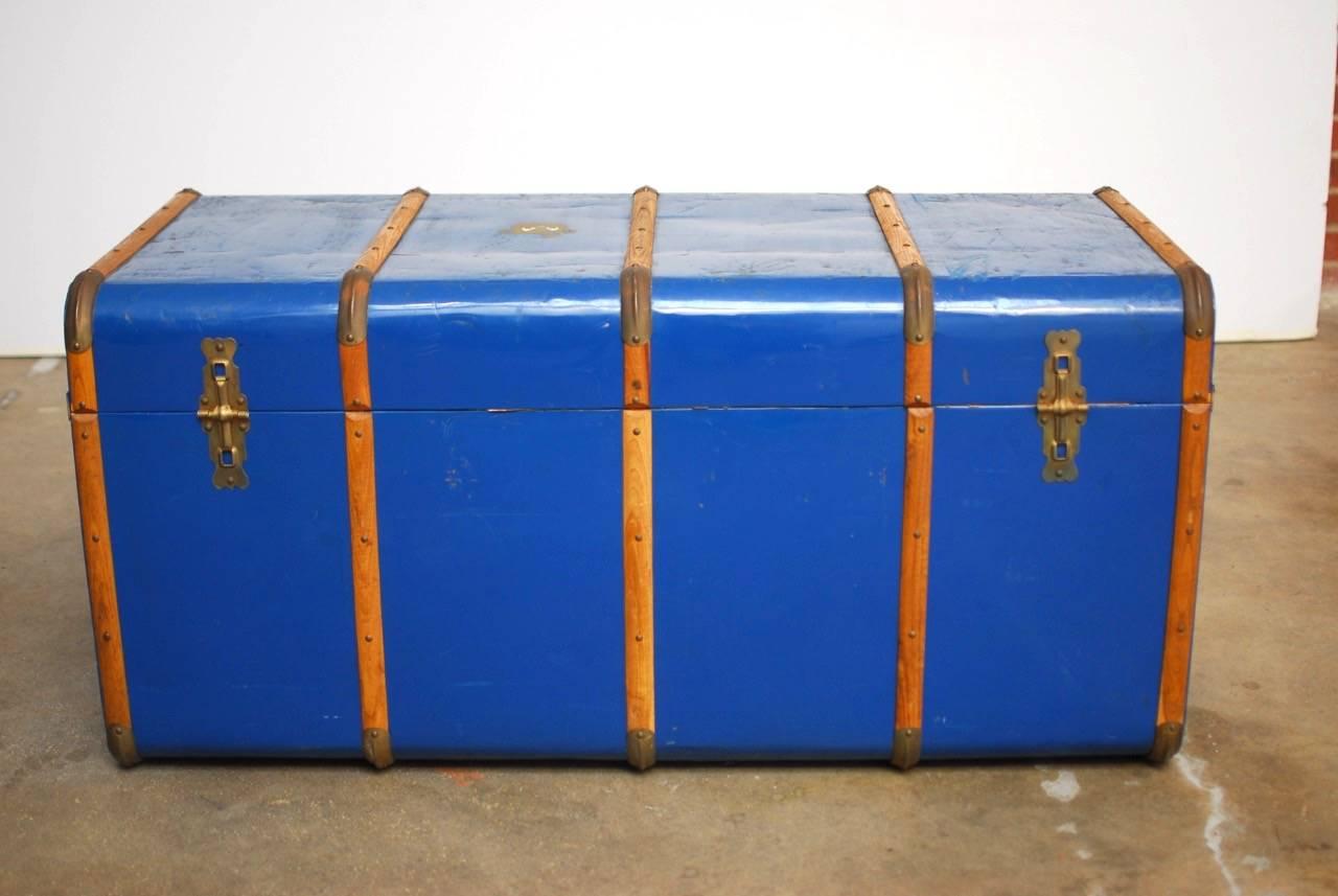 French Blue Traveling Trunk with Wood Strapping  2