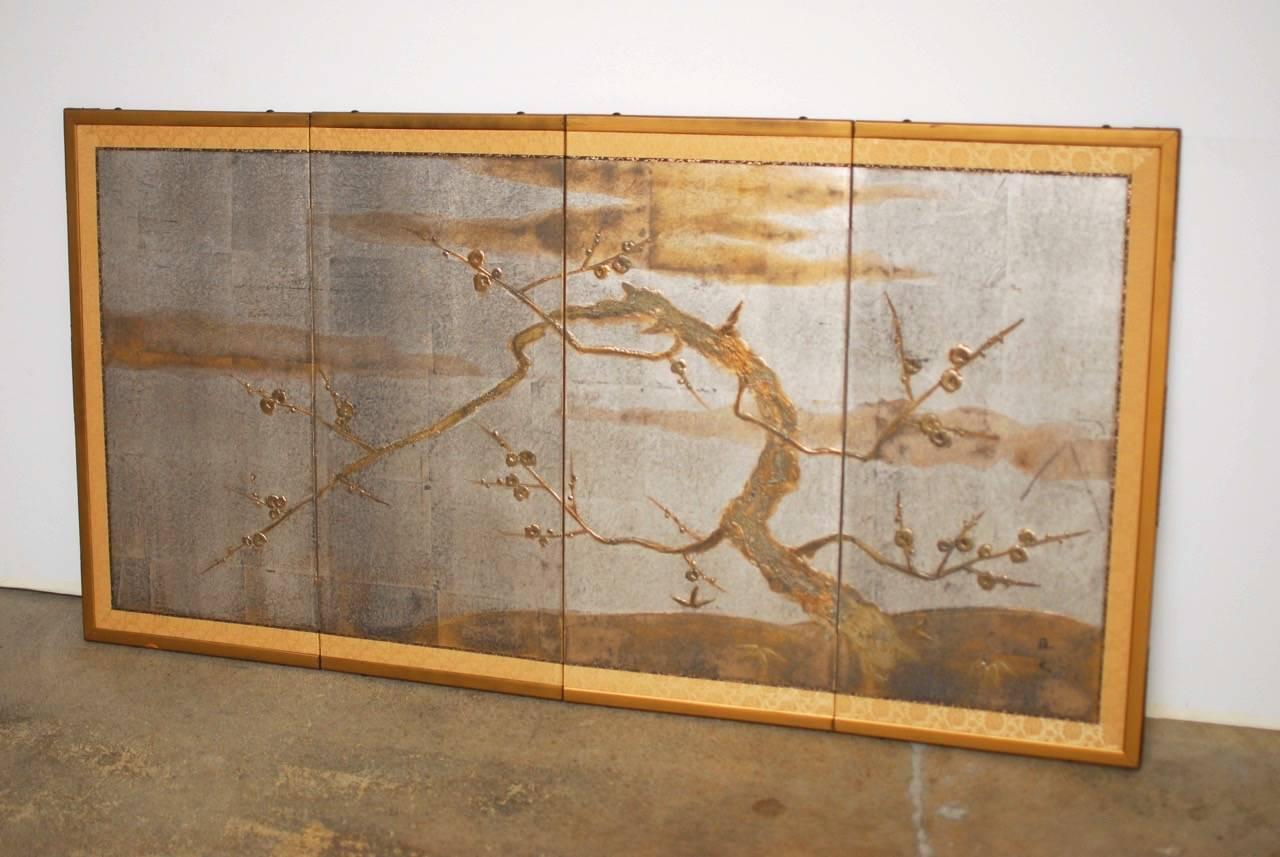 Hand-Crafted Japanese Persimmon Tree Silver Gilt Moriage Screen 