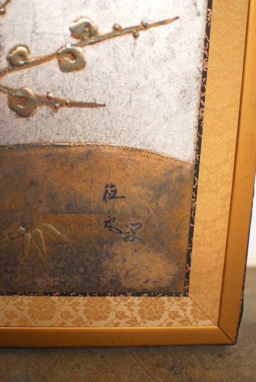 20th Century Japanese Persimmon Tree Silver Gilt Moriage Screen 