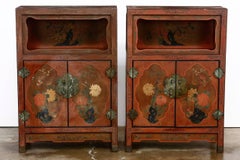 Pair of Chinese Red Lacquer Open Shelf Cabinets