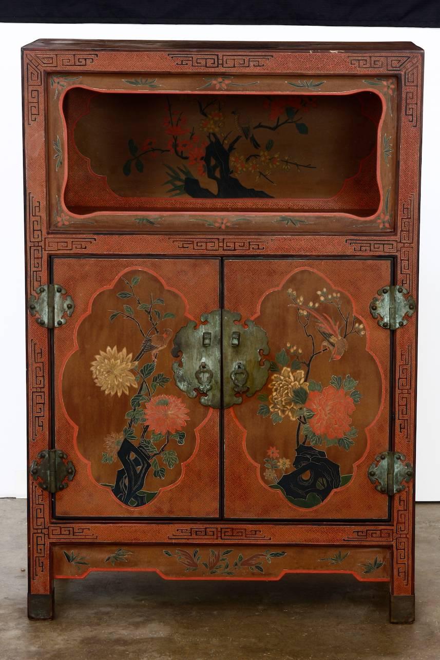 Chinese Export Pair of Chinese Red Lacquer Open Shelf Cabinets