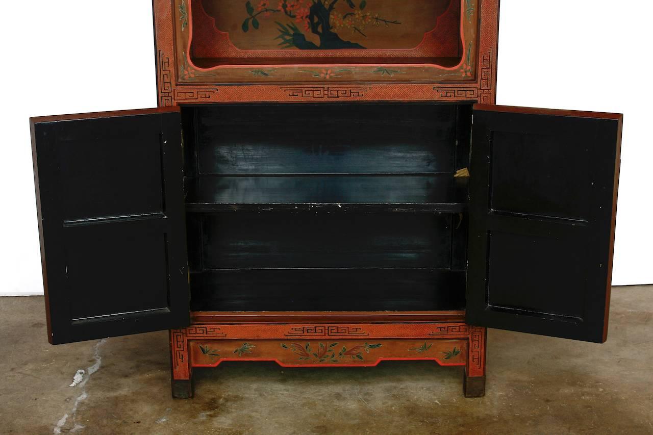 Brass Pair of Chinese Red Lacquer Open Shelf Cabinets