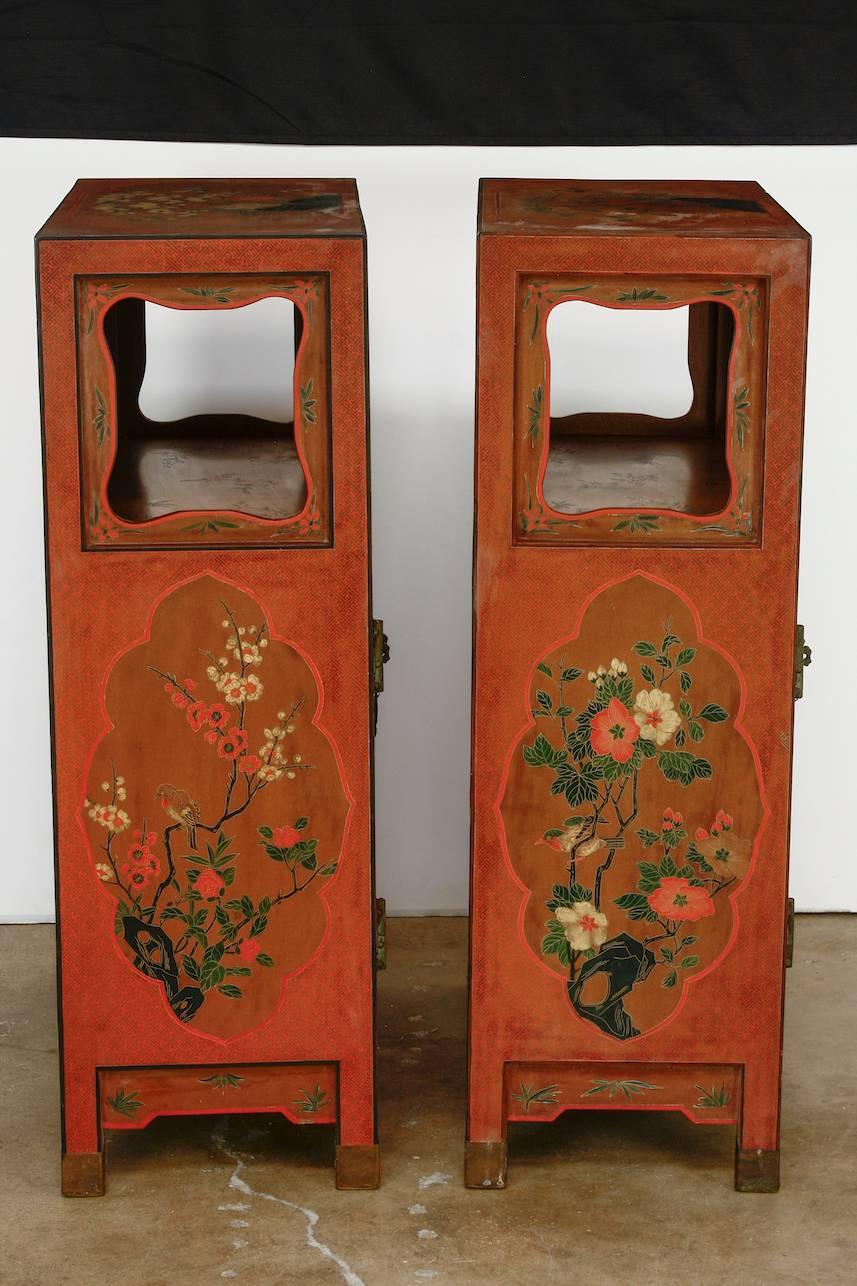 Pair of Chinese Red Lacquer Open Shelf Cabinets 1