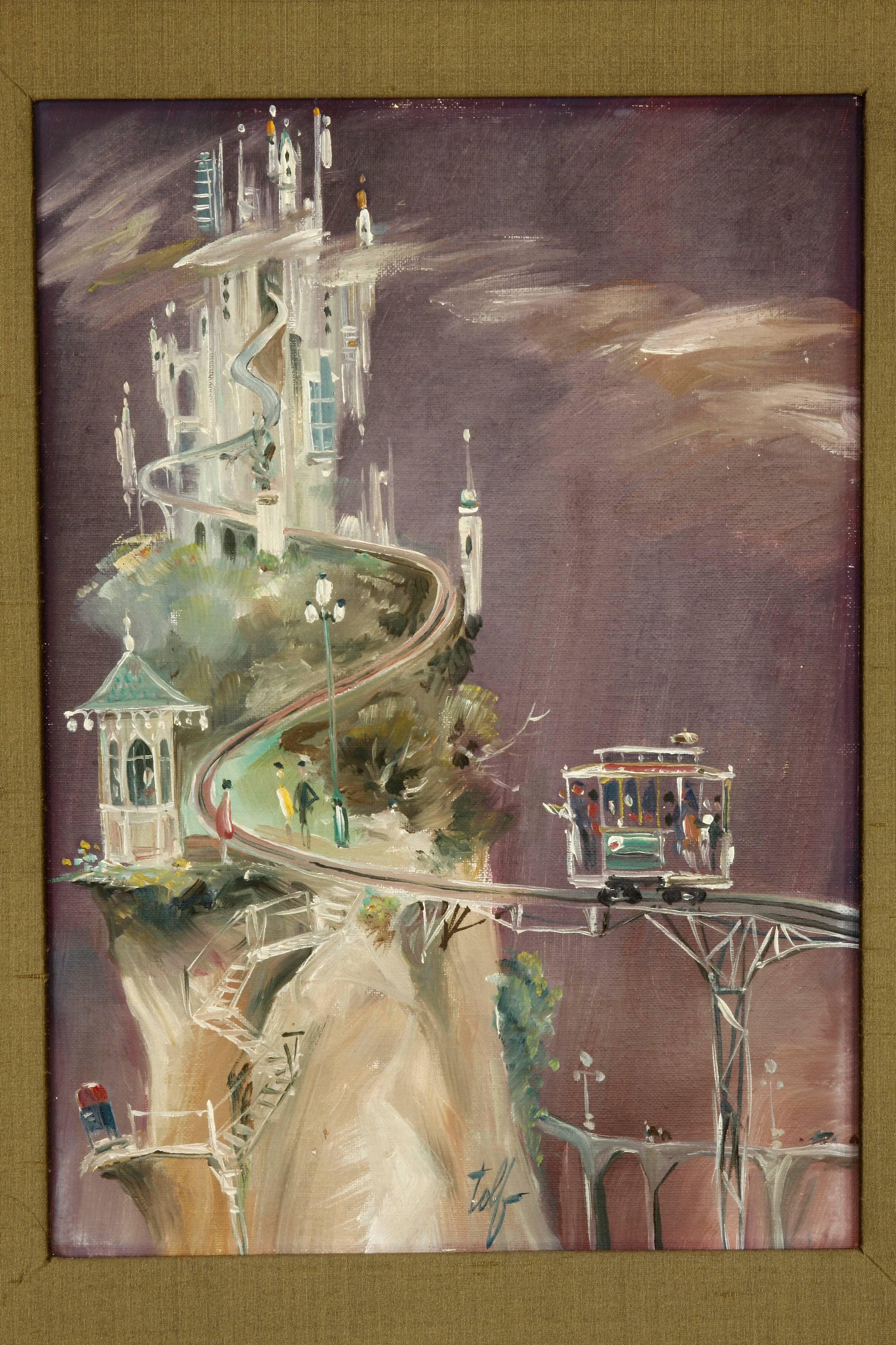 Vintage San Francisco surrealist painting attributed to Albert Tolf depicting a trolley or cable car climbing up a steep street to a city perched on a hill. Albert Tolf (1911-1996 American) was known for his "San Fantasia" artwork based on