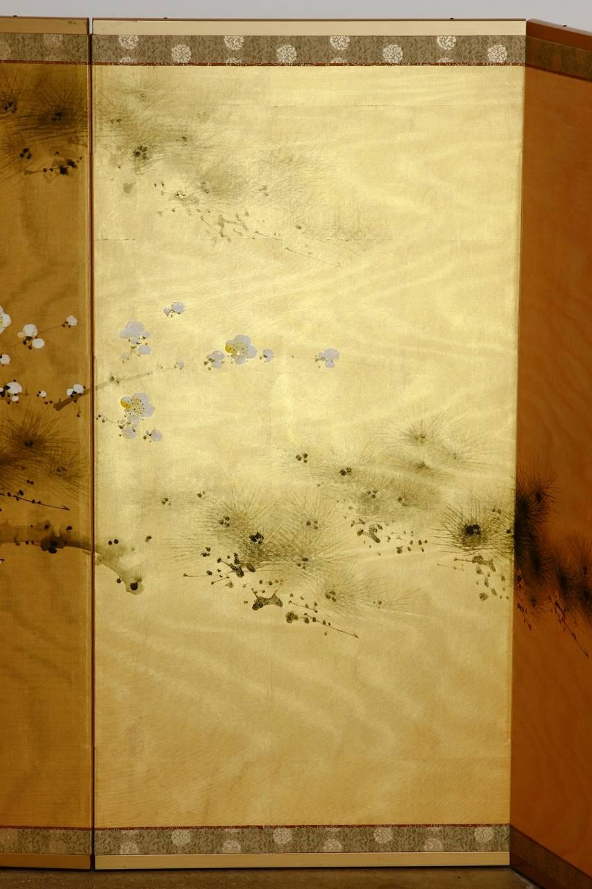 Modern Japanese Four-Panel Cherry Blossom Silk Screen Byobu