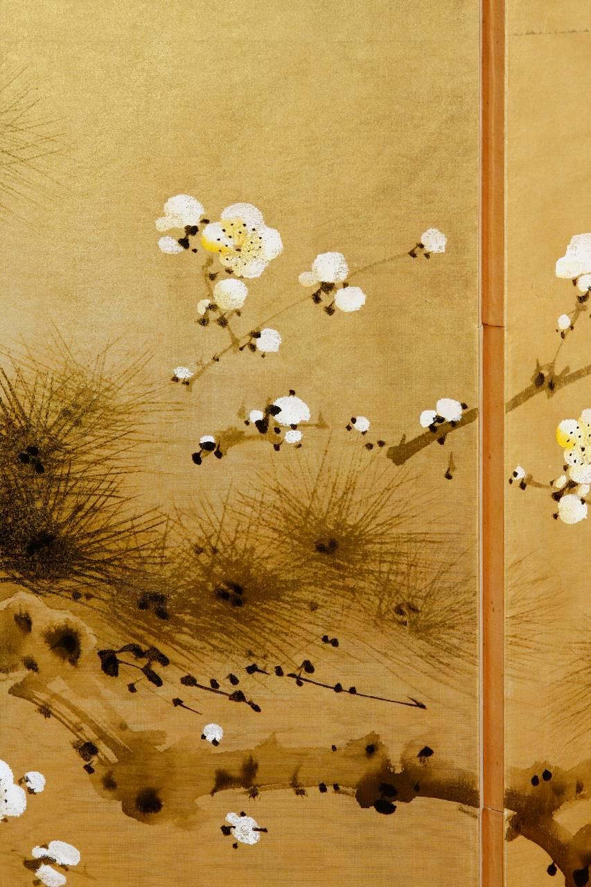 20th Century Japanese Four-Panel Cherry Blossom Silk Screen Byobu