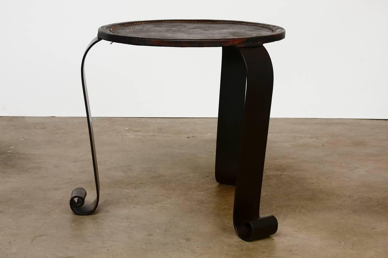 Rustic Wrought Iron Leather Top Stool or Drinks Table