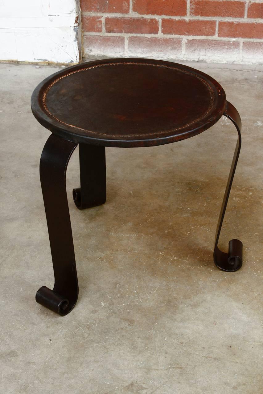 Mexican Wrought Iron Leather Top Stool or Drinks Table