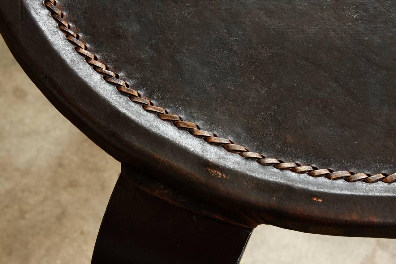 20th Century Wrought Iron Leather Top Stool or Drinks Table