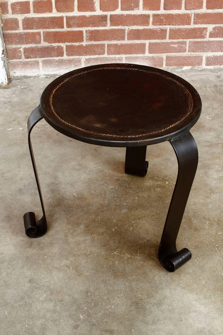 Wrought Iron Leather Top Stool or Drinks Table In Excellent Condition In Rio Vista, CA