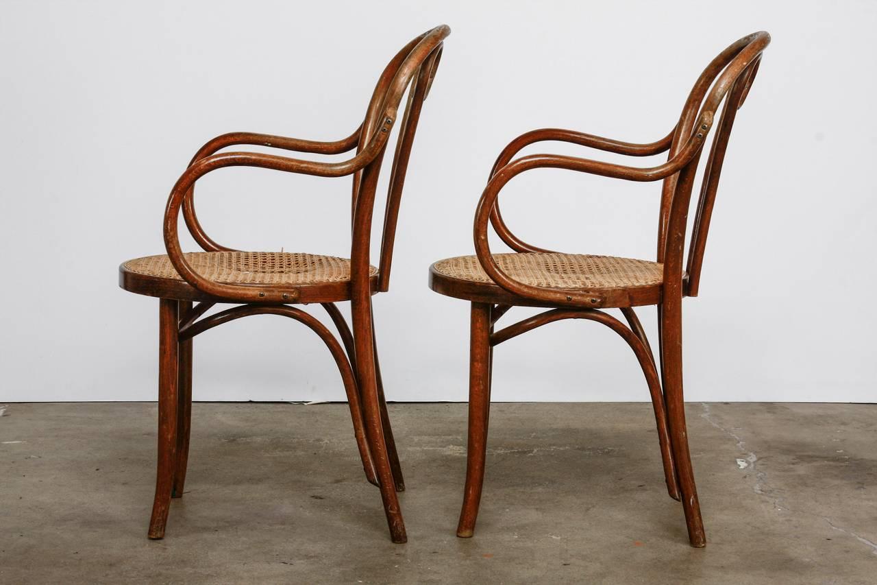 Austrian Pair of Thonet Style Bentwood and Cane Armchairs