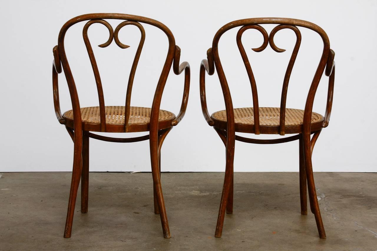 Vienna Secession Pair of Thonet Style Bentwood and Cane Armchairs