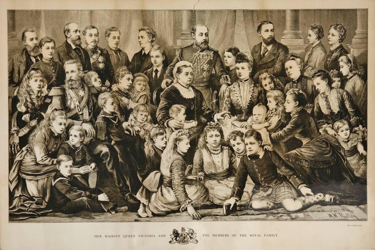Fascinating framed engraving of her majesty Queen Victoria and the Royal family by Sir Matthew White Ridley (British 1837-1888) published in 1877. Features 39 members of the royal family including young Prince Albert and Princess Charlotte. Framed