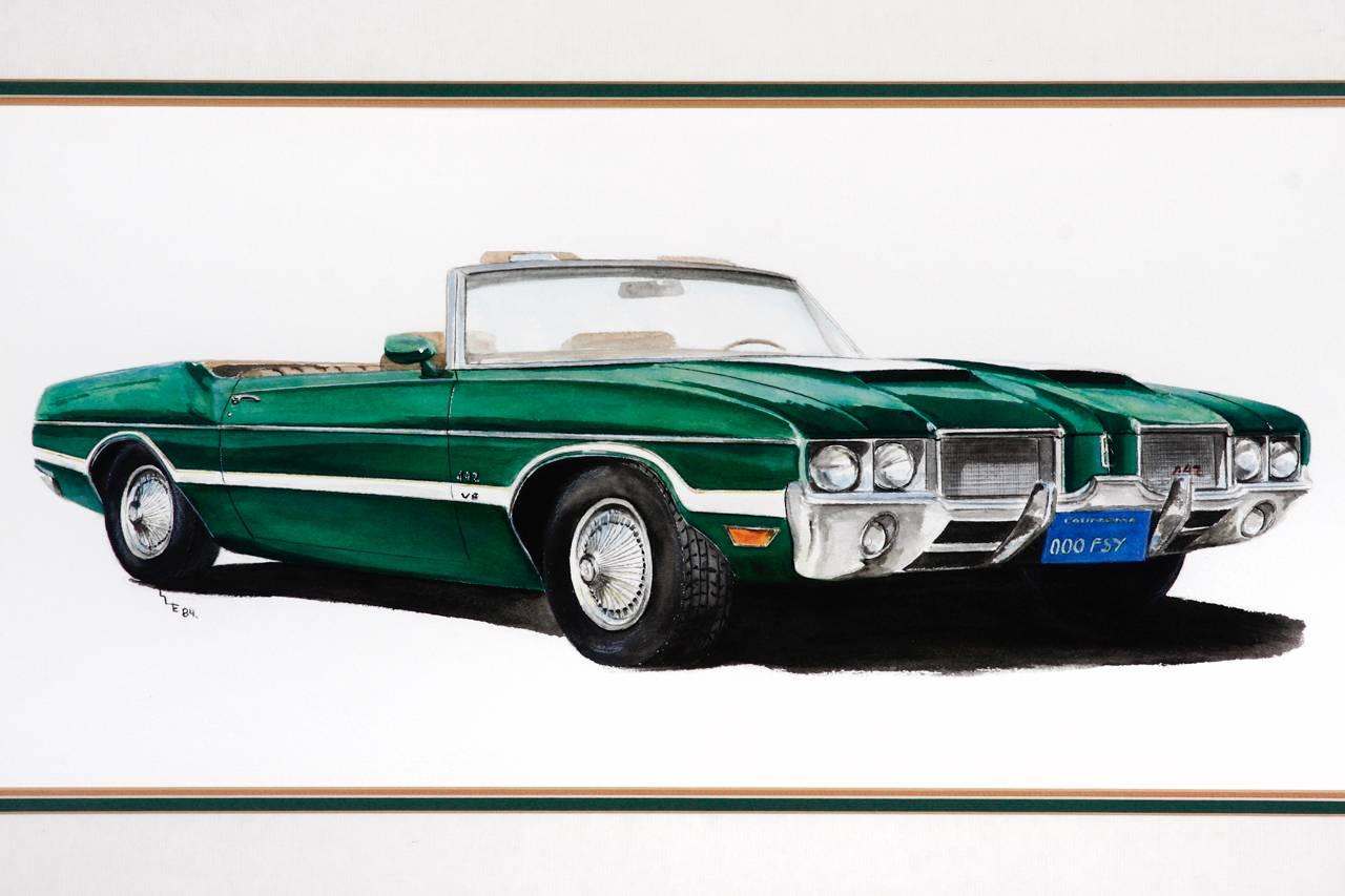 The magnificent 1972 Oldsmobile 442 convertible green muscle car. Striking Americana painting to commemorate the last Olds 442 American muscle car era in a vivid green color with green matting border. Framed in a white painted metal frame with