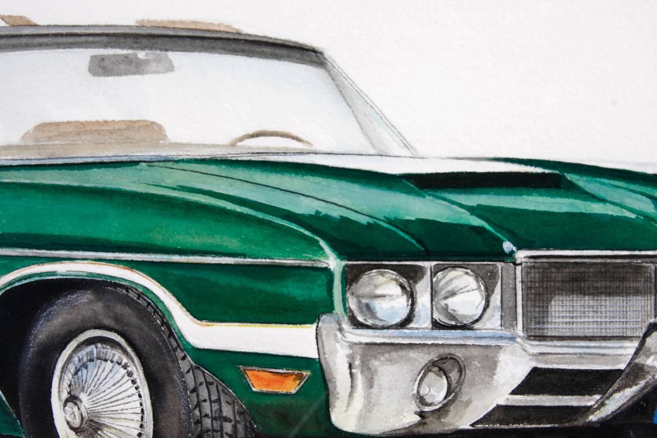 20th Century Green Olds 442 Muscle Car Original Americana Watercolor For Sale