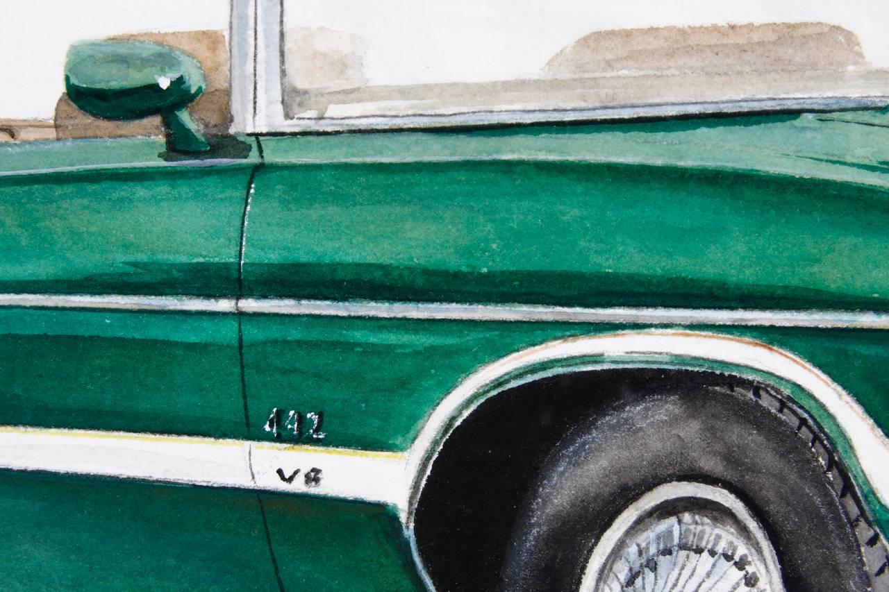 Green Olds 442 Muscle Car Original Americana Watercolor In Good Condition For Sale In Rio Vista, CA