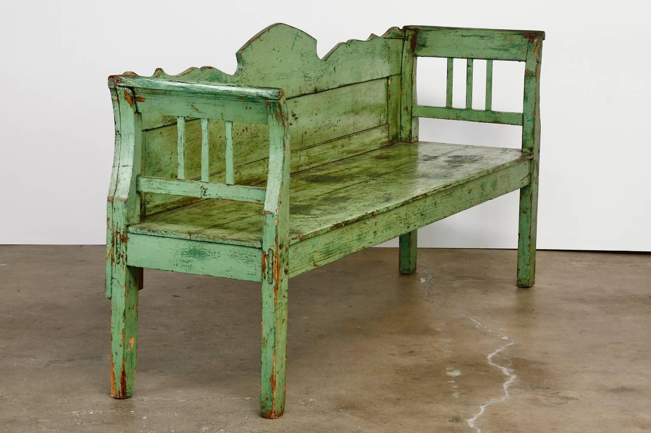 Country French Farmhouse Lacquered Pine Settle Bench 1