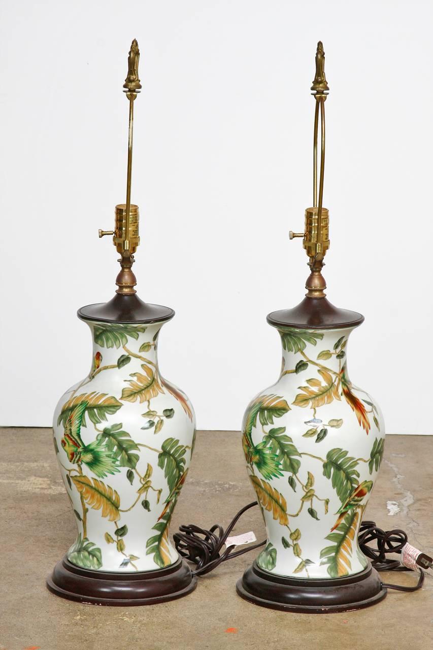 Hollywood Regency Pair of Chinoiserie Banana Leaf Ginger Jar Lamps by Bradburn