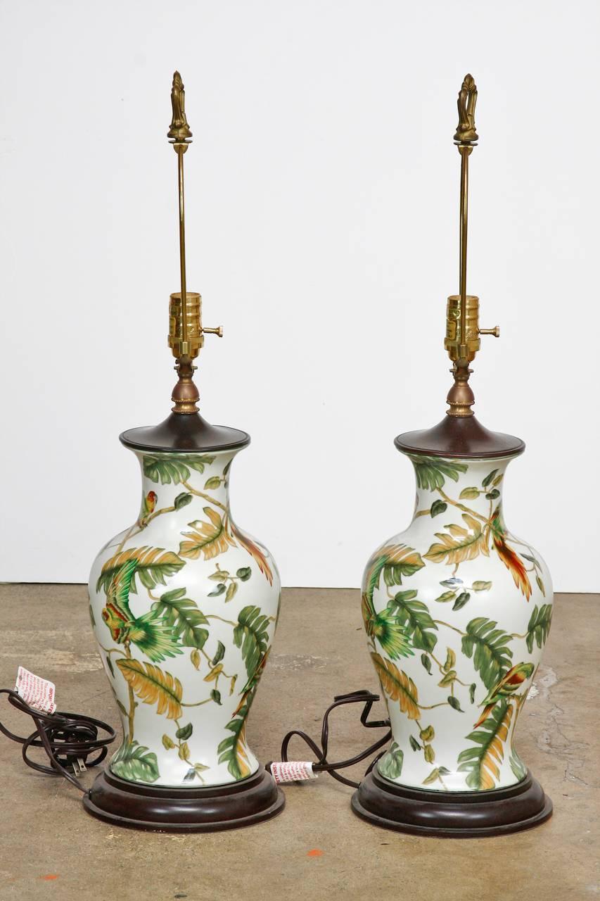 Brass Pair of Chinoiserie Banana Leaf Ginger Jar Lamps by Bradburn