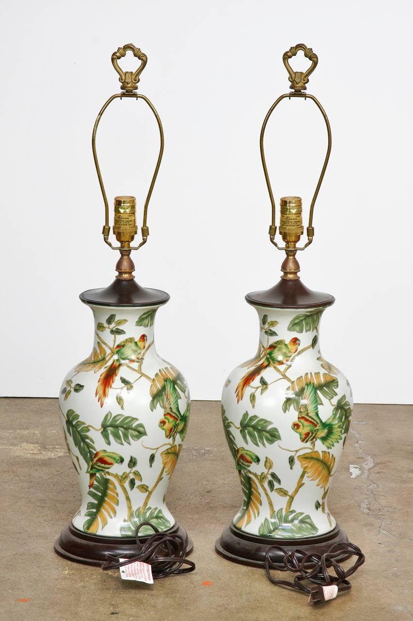 Pair of Chinoiserie Banana Leaf Ginger Jar Lamps by Bradburn In Excellent Condition In Rio Vista, CA