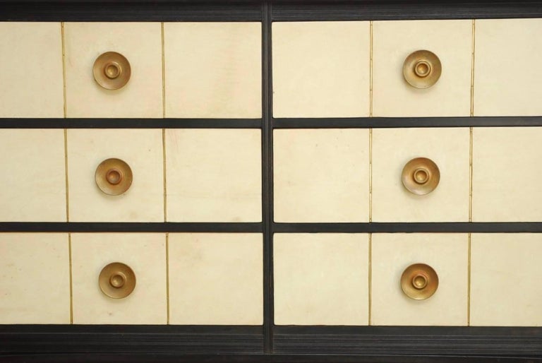 Goatskin Ebonized Chest In The Manner Of Paul Frankl For At 1stdibs Mid Century Modern Ebonized Chest Of Drawers Featuring Goatskin Covered Made In The Manner