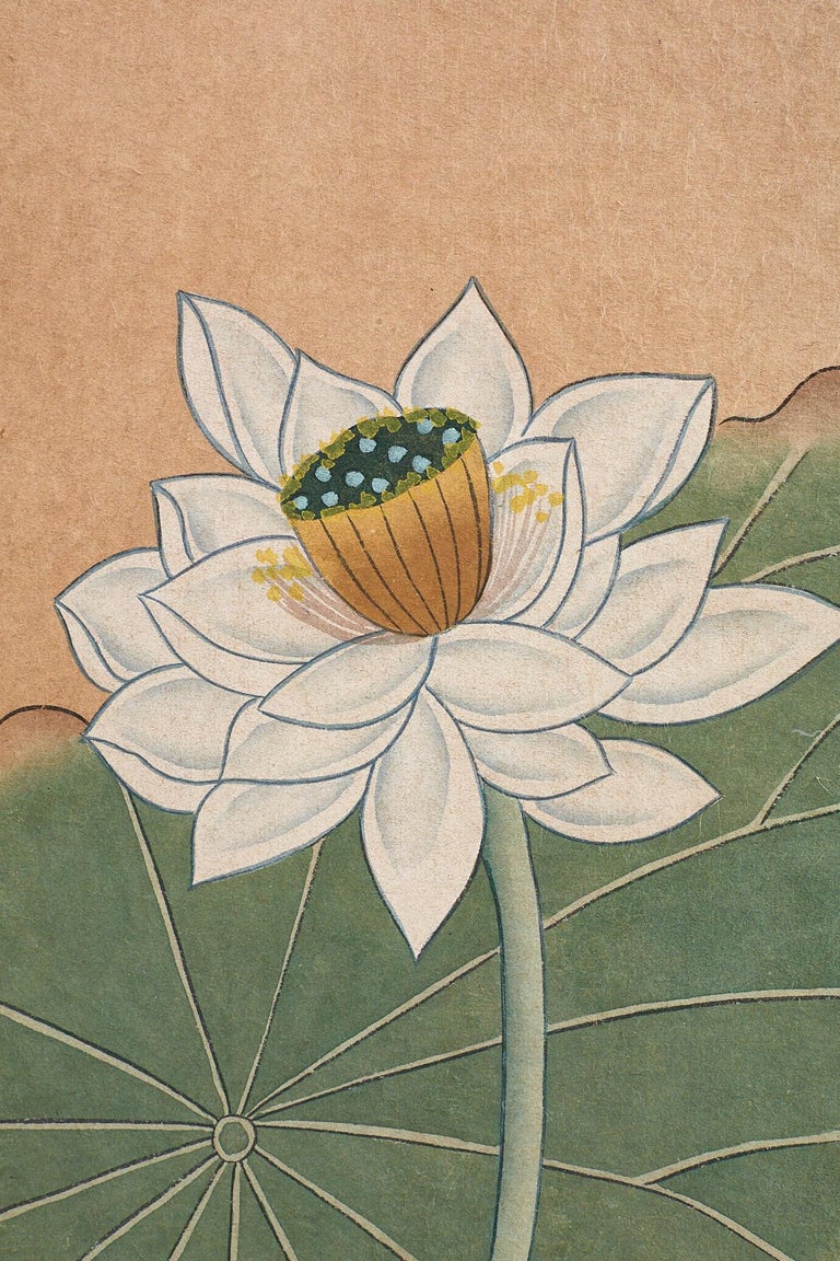 japanese cranes and lotus blossom byobu screen for sale at 1stdibs