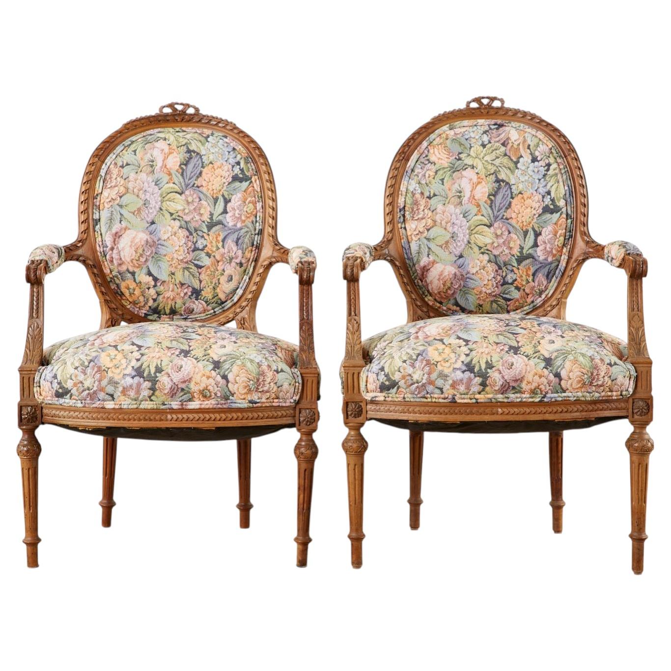 Pair of French Louis XVI Style Carved Fauteuil Armchairs
