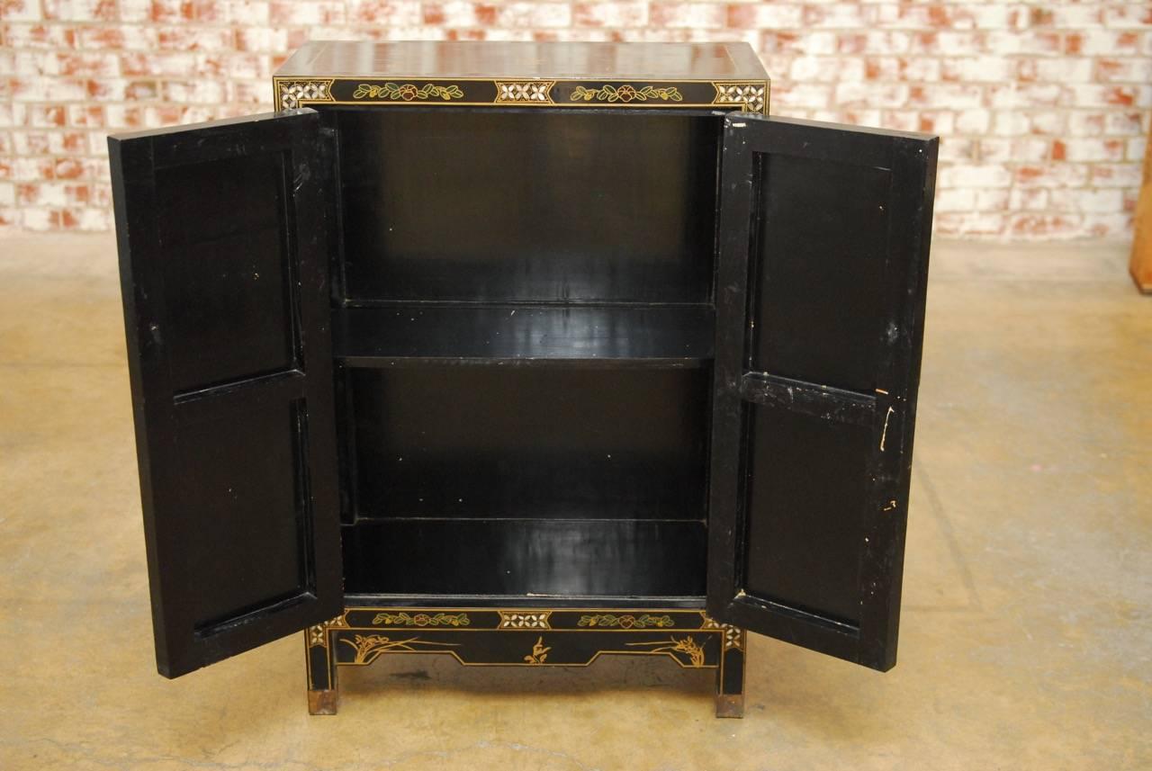 Carved Chinese Black Lacquer Soapstone Scholars Cabinet