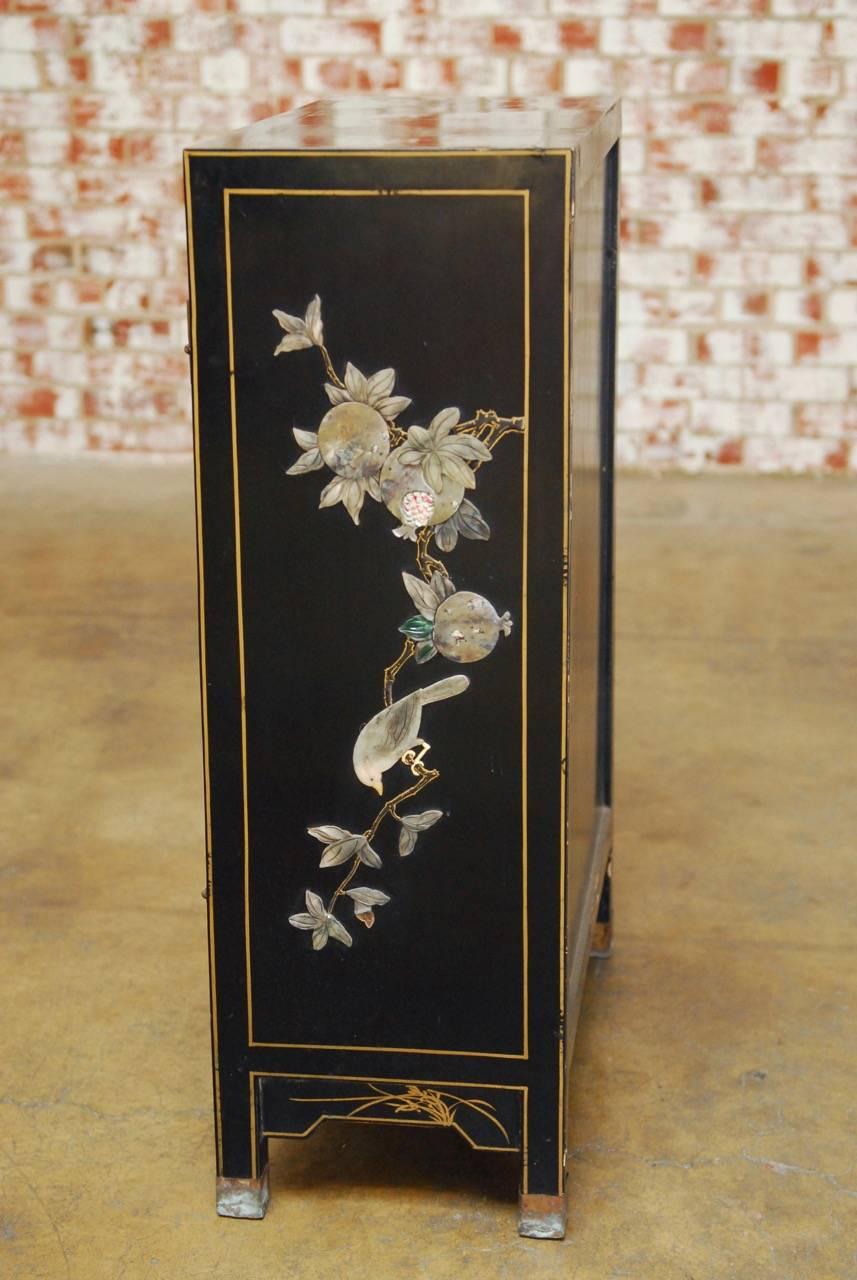 Wood Chinese Black Lacquer Soapstone Scholars Cabinet