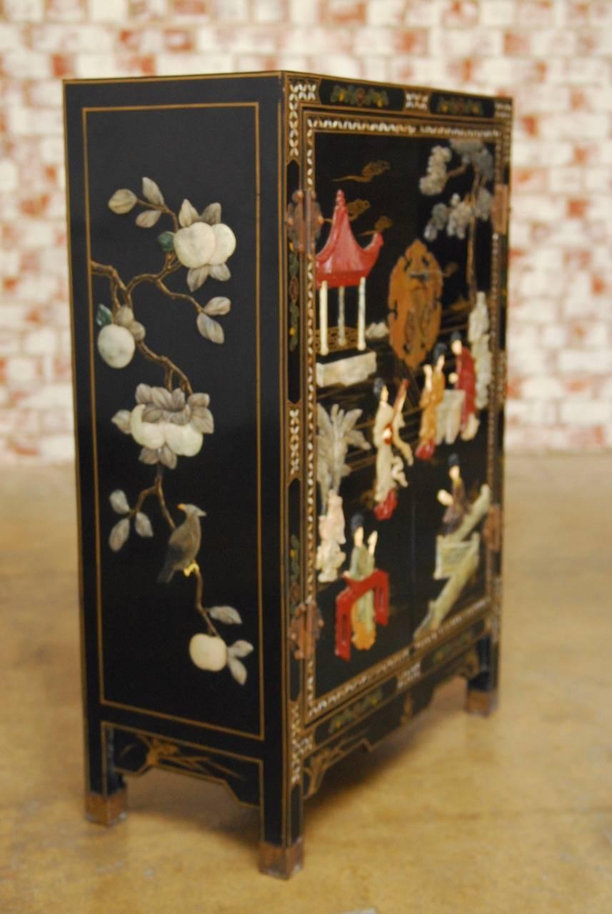 Chinese Black Lacquer Soapstone Scholars Cabinet 1