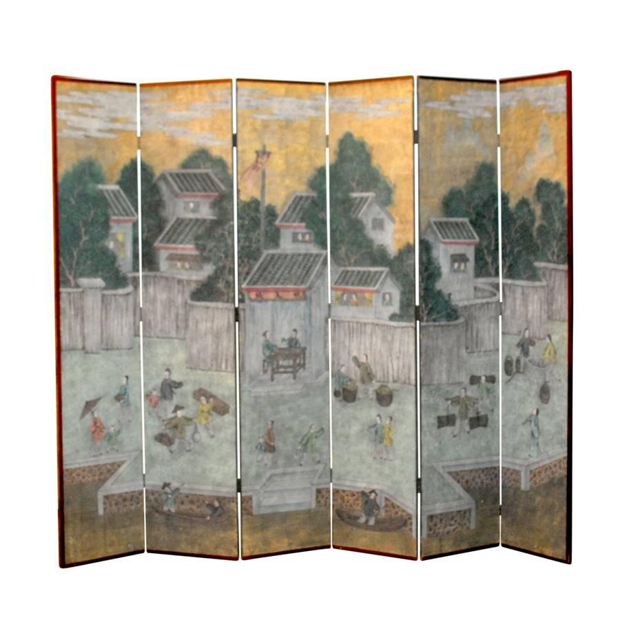 Hand-Painted Chinese Watercolor Wallpaper, Six-Panel Screens