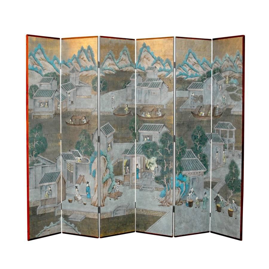 Chinese Watercolor Wallpaper, Six-Panel Screens In Excellent Condition In Rio Vista, CA