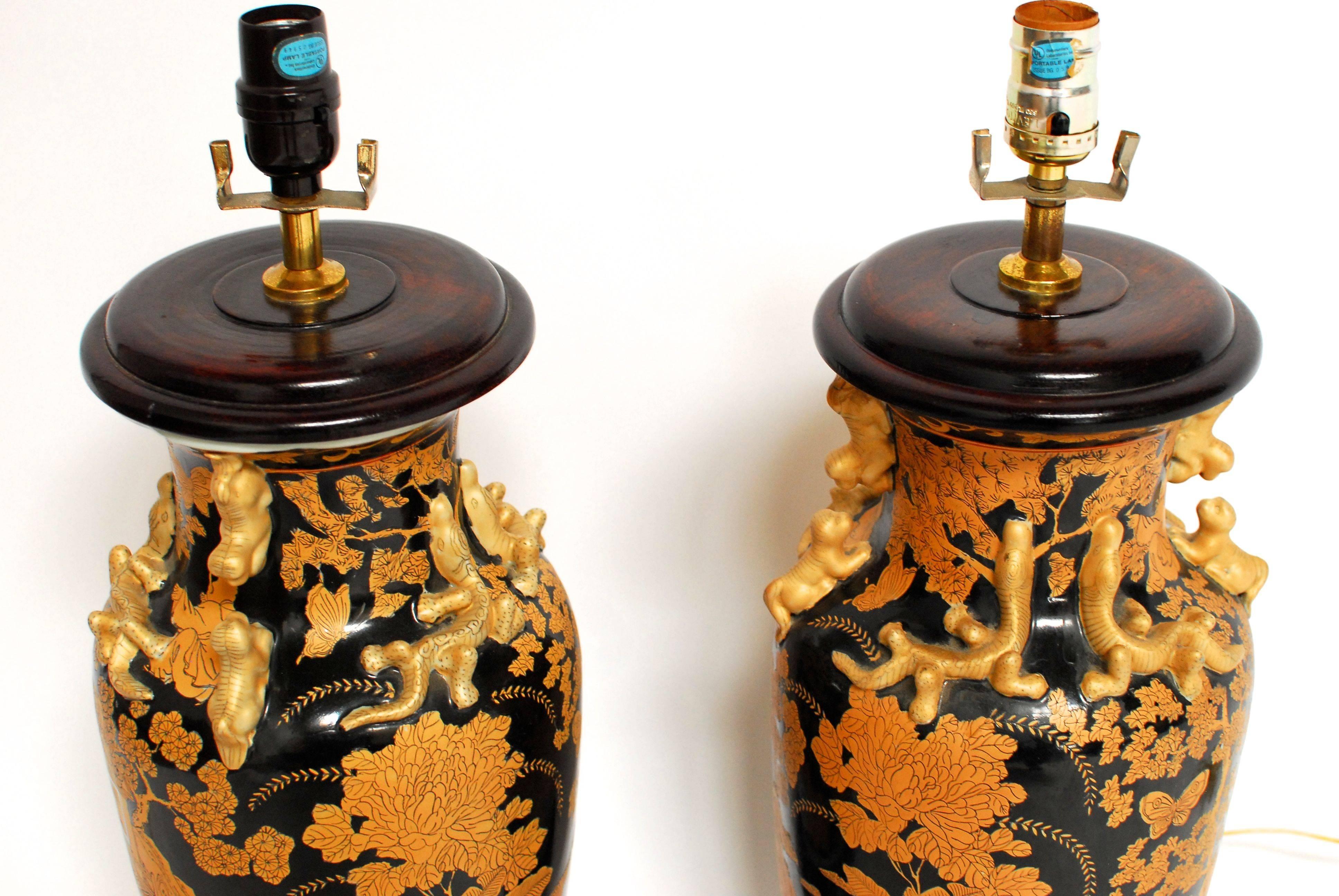 20th Century Chinese Famille Noir Foo Dog Table Lamps