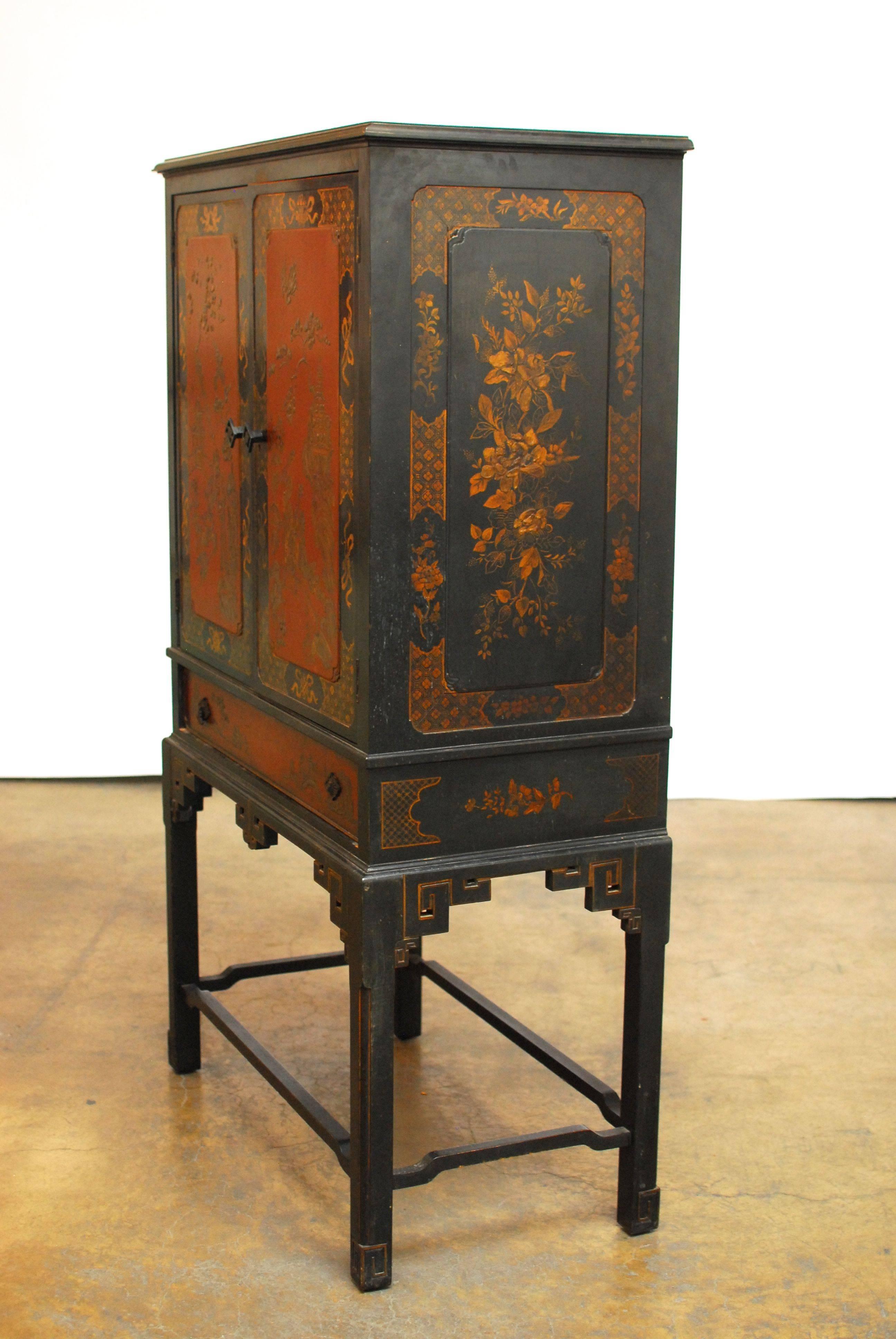 Lacquered Chinoiserie Black Lacquer Cocktail Bar Cabinet