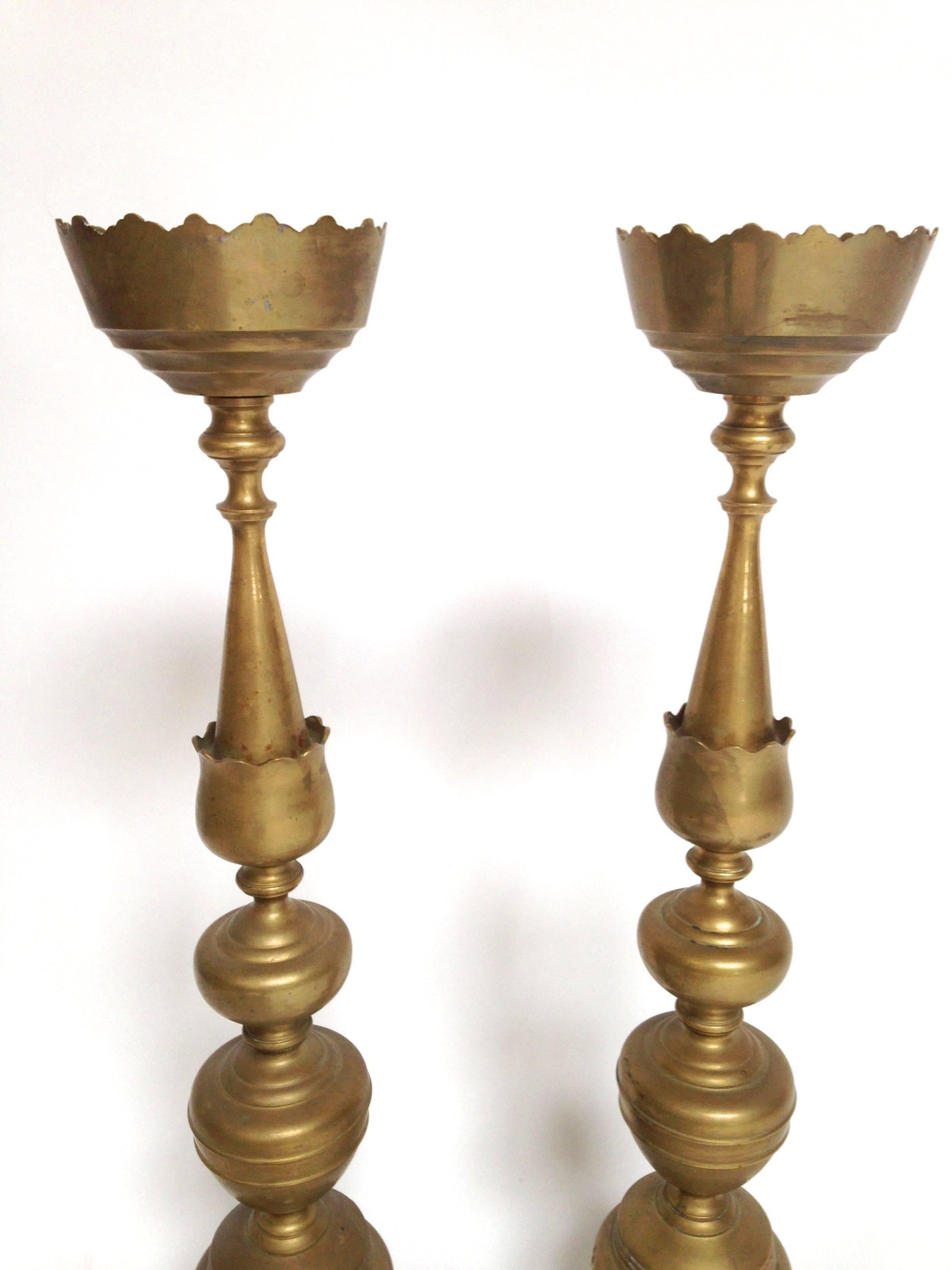 Turkish Pair of Large Brass Ottoman Style Candlesticks
