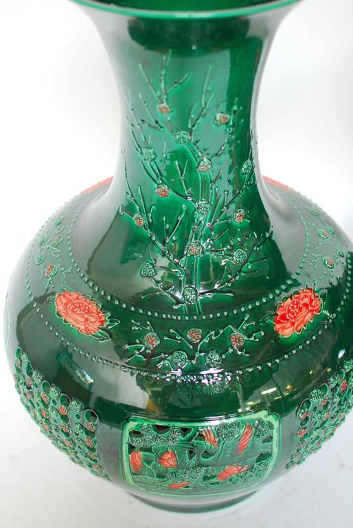 Pair of Large Chinese Jade Green Pierced Baluster Vases at 1stDibs