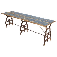 Antique 19th Century French Industrial Style Pine Iron Dining Table